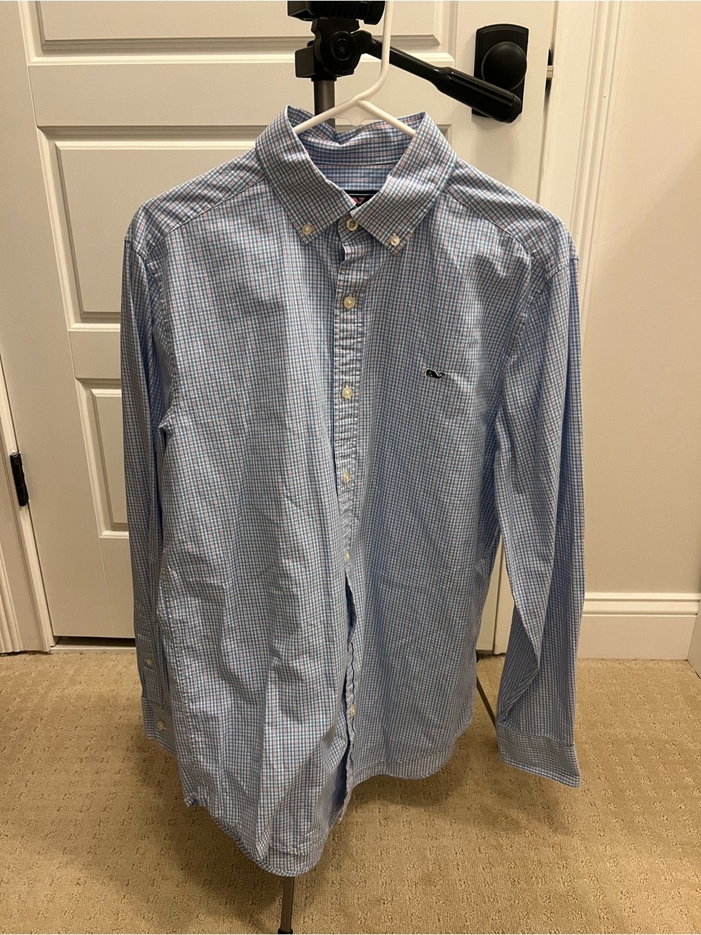 Men’s Vineyard Vines Light Blue Micro-Check Button-Down Shirt-Size M